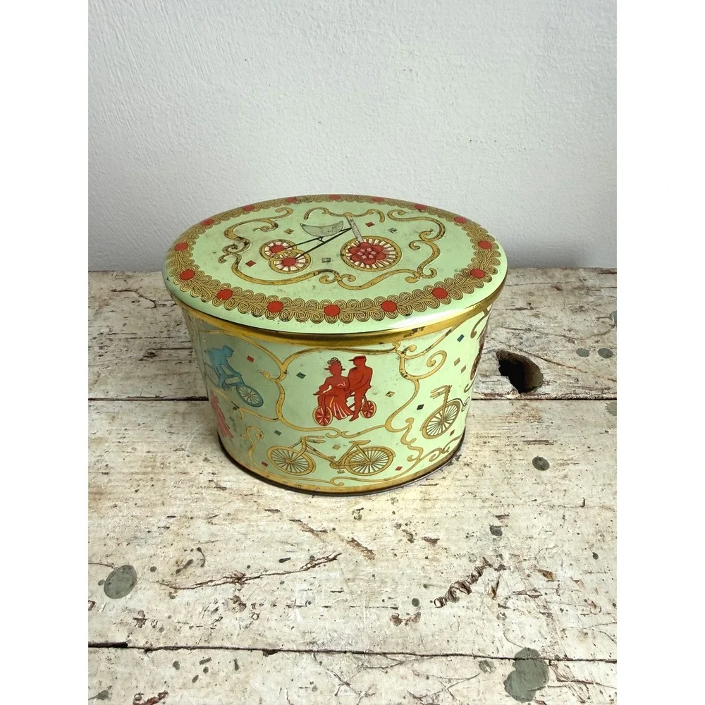 Vintage Baret Ware Art Grace Oval Tin England Victorian Bicycle Graphics Green